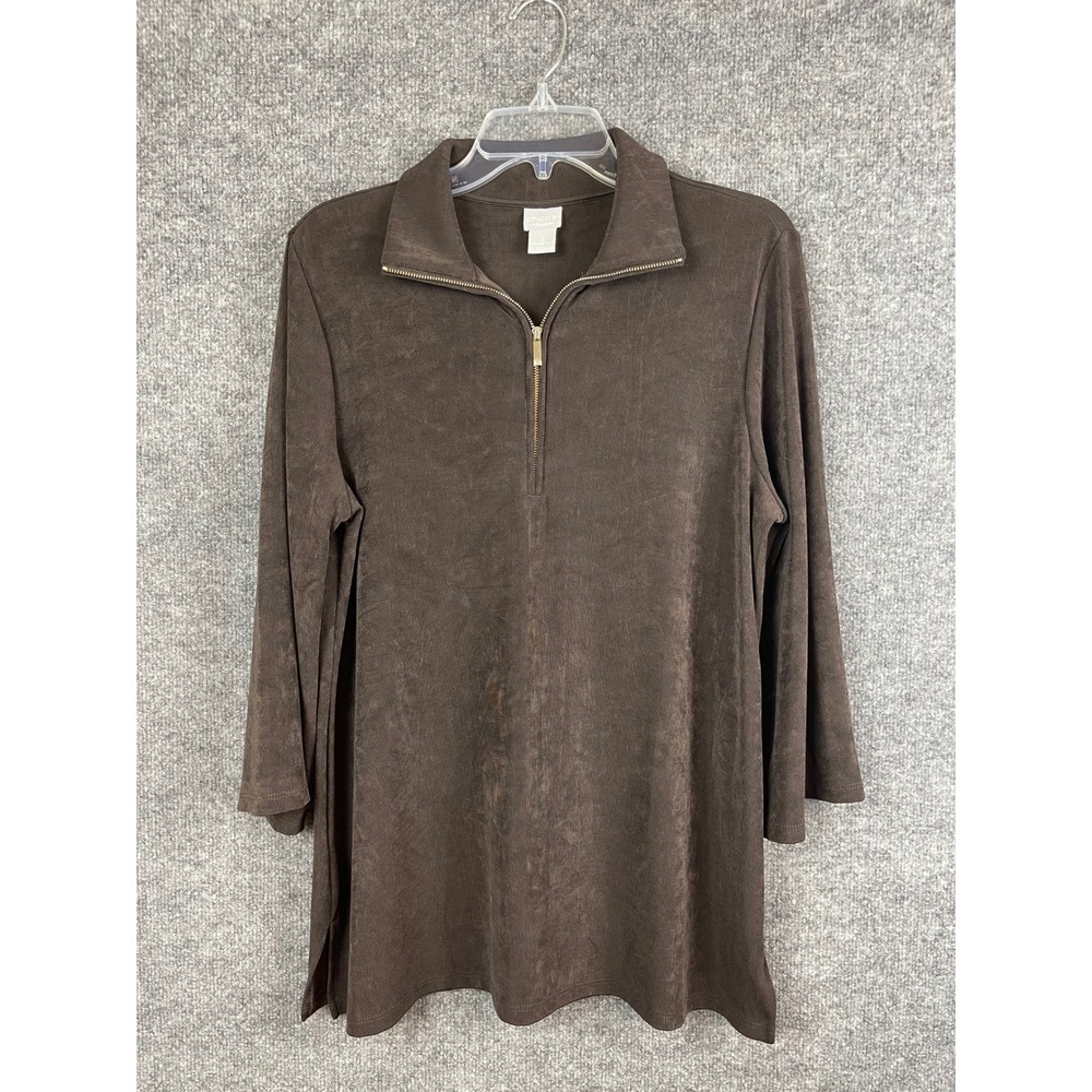 Chico's Travelers Quarter Zip Tunic Women 2 L Brown Excellent Slinky Knit Top